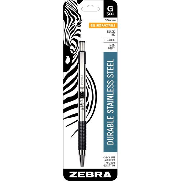 Zebra Pen G-301 Gel Retractable Pen - Medium Pen Point - 0.7 mm Pen Point Size - Refillable - Retractable - Black Gel-based Ink - Stainless Steel Barrel - 1 Each