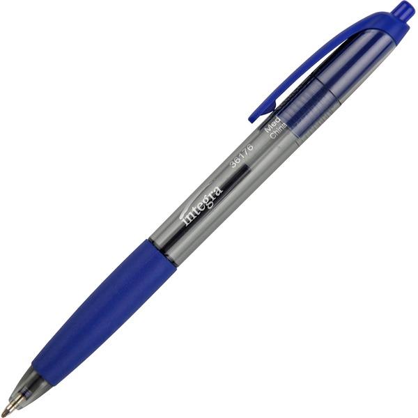 Integra Rubber Grip Retractable Pens - Medium Pen Point - 1 mm Pen Point Size - Retractable - Blue - Blue Barrel - 12 / Dozen