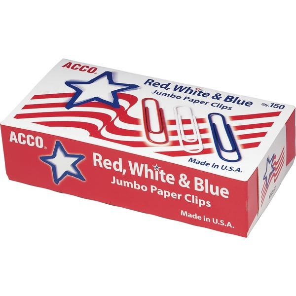 Acco Jumbo Paper Clips - Jumbo - 20 Sheet Capacity - Snag Resistant, Reusable, Durable - 150 / Box - Red, White, Blue - Nylon, Wire