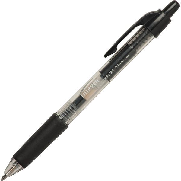 Integra Retractable 0.7mm Gel Pens - Medium Pen Point - 0.7 mm Pen Point Size - Retractable - Black Gel-based Ink - Clear Barrel - Metal Tip - 12 / Dozen