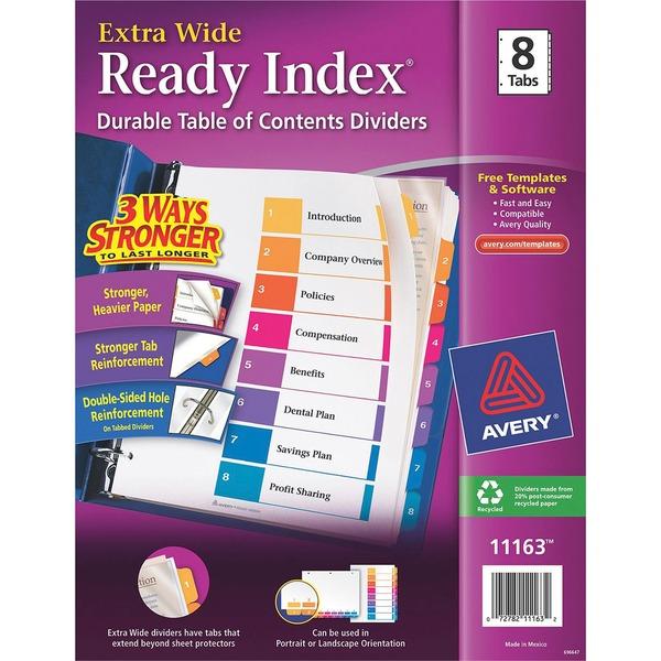 Avery® Ready Index Extra-Wide Binder Dividers - Customizable Table of Contents - 8 Printed Tab(s) - Digit - 1-8 - 8 Tab(s)/Set - 9