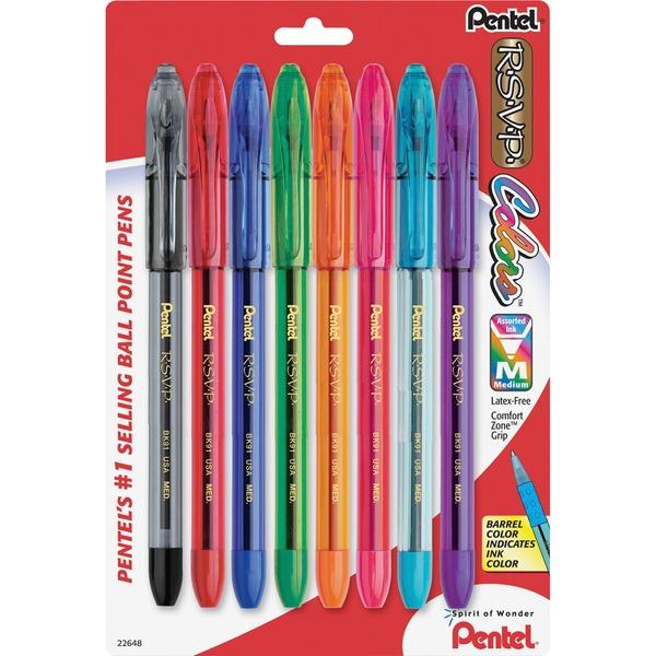 Pentel R.S.V.P. Multi Pack Stick Ballpoint Pens - Medium Pen Point - 1 mm Pen Point Size - Refillable - Assorted - Assorted Barrel - 8 / Pack