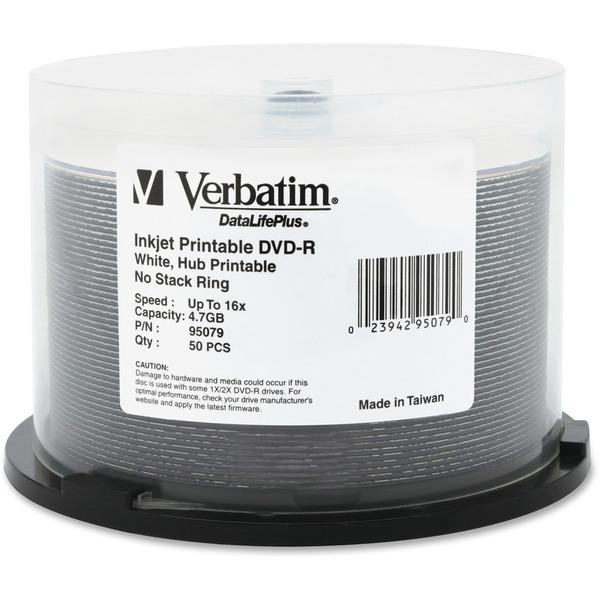 Verbatim DVD-R 4.7GB 16X DataLifePlus White Inkjet Printable, Hub Printable - 50pk Spindle - Hub Printable - 50pk Spindle