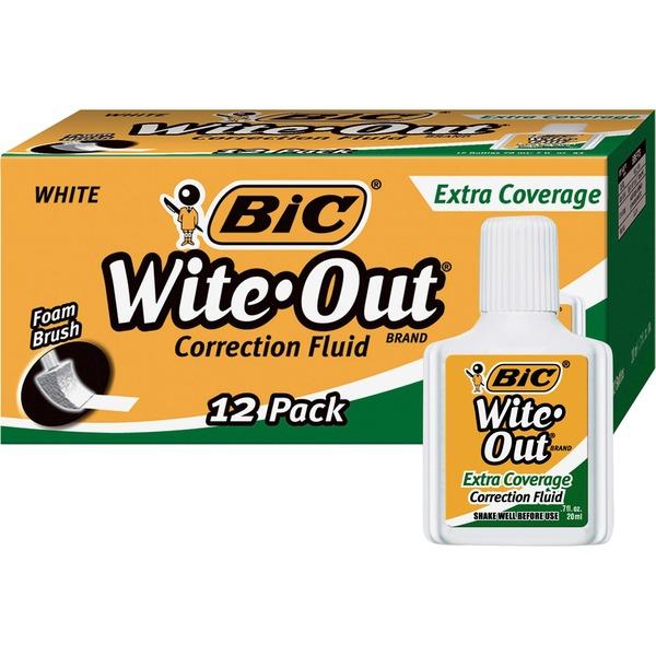 BIC Extra Coverage Wite-Out Brand Correction Fluid - Foam Brush Applicator - 0.68 fl oz - White - 12 / Dozen