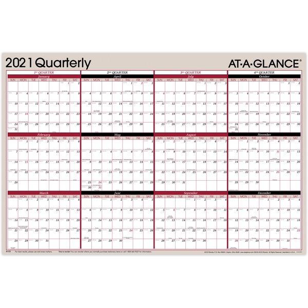 At-A-Glance Erasable/Reversible Yearly Wall Planner - Julian Dates - Quarterly - 1 Year - January 2021 till December 2021 - 24