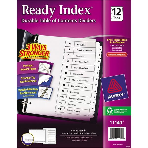 Avery® Ready Index Binder Dividers - Customizable Table of Contents - 12 x Divider(s) - 12 Tab(s) - 1-12 - 12 Tab(s)/Set - 8.5