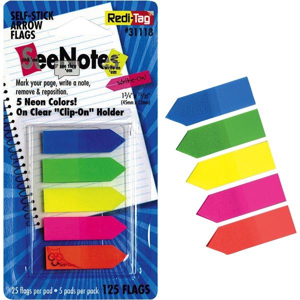 Redi-Tag Plain Write-on Arrow Flags in Holder - 25 x Neon Blue, 25 x Lime, 25 x Lemon, 25 x Pink, 25 x Tangerine - 0.46