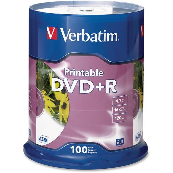 Verbatim DVD+R 4.7GB 16X White Inkjet Printable - 100pk Spindle - 120mm - Printable