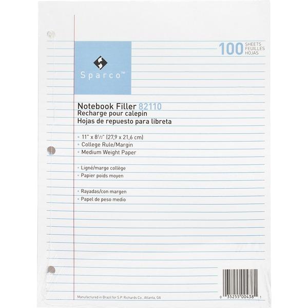 Sparco Notebook Filler Paper - Letter - 100 Sheets - Ruled Red Margin - 16 lb Basis Weight - 8 1/2