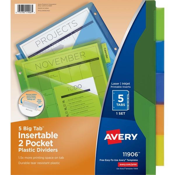  Avery ® Big Tab Insertable Two- Pocket Dividers - 5 Print- On Tab (S)- 5 Tab (S)/ Set - 3 Hole Punched - Plastic Divider - Multicolor Tab (S)