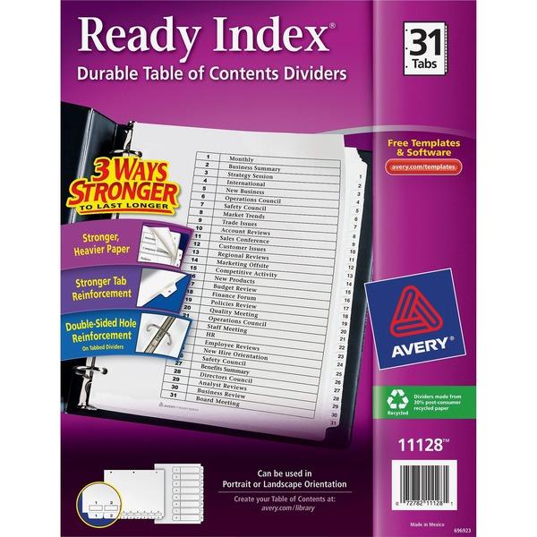 Avery® Ready Index Binder Dividers - Customizable Table of Contents - 31 x Divider(s) - Printed Tab(s) - Digit - 1-31 - 31 Tab(s)/Set - 8.5