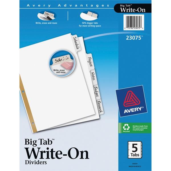  Avery & Reg ; Big Tab Write & Erase Dividers, 5 White Tabs, 1 Set (23075)- 5 Write- On Tab (S)- 5 Tab (S)/ Set - 8.5 