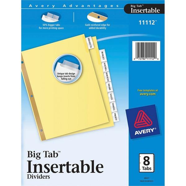 Avery® Big Tab Insertable Dividers - Reinforced Gold Edge - 8 Blank Tab(s) - 8 Tab(s)/Set - 8.5