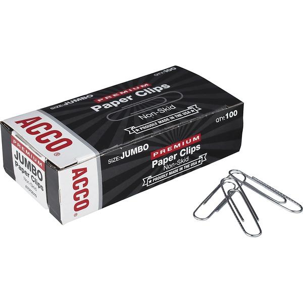 Acco Premium Jumbo Non-Skid Paper Clips - Jumbo - 20 Sheet Capacity - Non-skid, Galvanized, Corrosion Resistant, Long Lasting - 1000 / Pack - Silver - Metal, Zinc Plated
