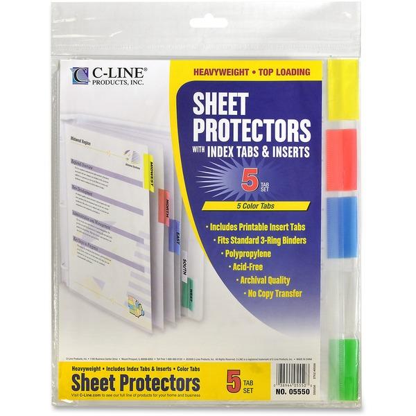 C-Line Heavyweight Poly Sheet Protectors with Index Tabs - 5-Tab Set, Assorted Color Tabs, Top Loading, 8 1/2 x 11, 5/ST, 05550