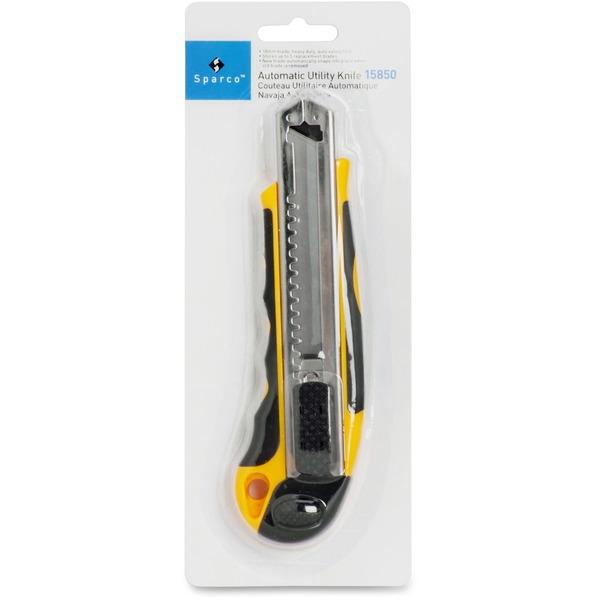 Sparco Automatic Utility Knife - Metal Blade - Heavy Duty - Acrylonitrile Butadiene Styrene (ABS) - Black, Yellow - 1 / Each