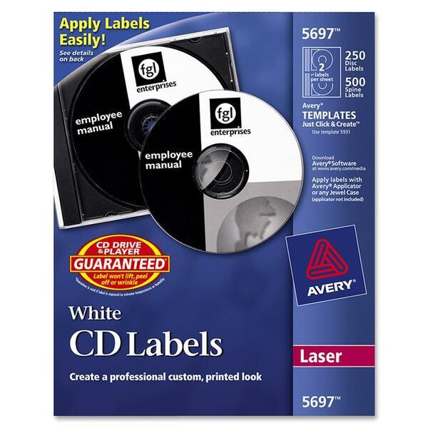 Avery® CD Labels with 500 Case Spine Labels - Removable Adhesive Length - Round - Laser - White - 2 / Sheet - 250 / Pack