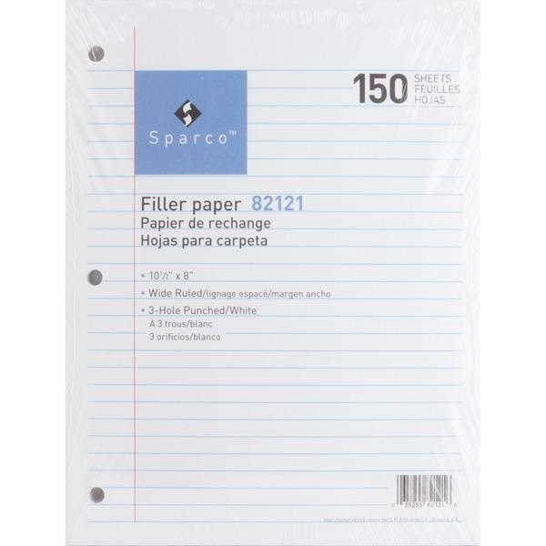 Sparco Standard White 3HP Filler Paper - 150 Sheets - Wide Ruled - Ruled Red Margin - 16 lb Basis Weight - 8
