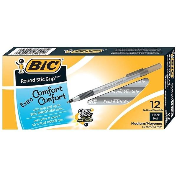 BIC Round Stic Grip Ballpoint Pen - Medium Pen Point - Black - Frost Barrel