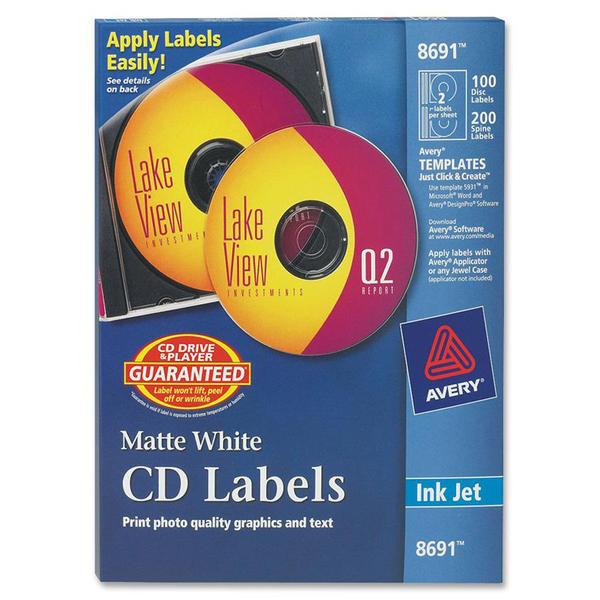 Avery® CD Labels with 200 Spine Labels - Permanent Adhesive Length - Round - Inkjet - Matte White - 2 / Sheet - 100 / Pack