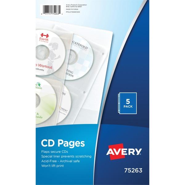 Avery® CD Pages - 4 x CD/DVD Capacity - Ring Binder - Clear - Polypropylene - 5 / Pack