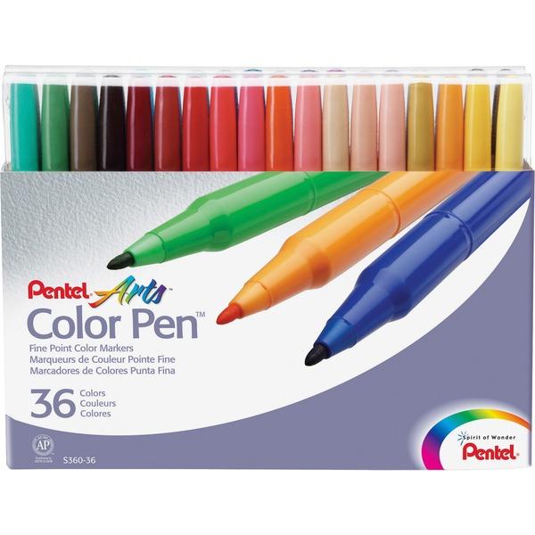 Pentel Arts Fine Point Color Pen Markers - Assorted Water Based Ink - 36 / Set