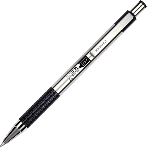 Zebra Pen BCA F-301 Stainless Steel Ballpoint Pens - Fine Pen Point - 0.7 mm Pen Point Size - Refillable - Retractable - Black - Stainless Steel Stainless Steel Barrel - 12 / Dozen