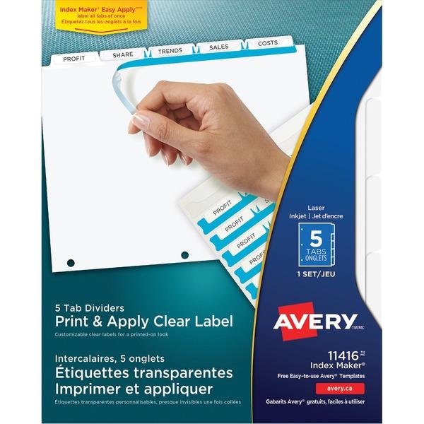 Avery® Index Maker Print & Apply Clear Label Dividers with White Tabs - 5 x Divider(s) - 5 Blank Tab(s) - 5 Tab(s)/Set - 8.5