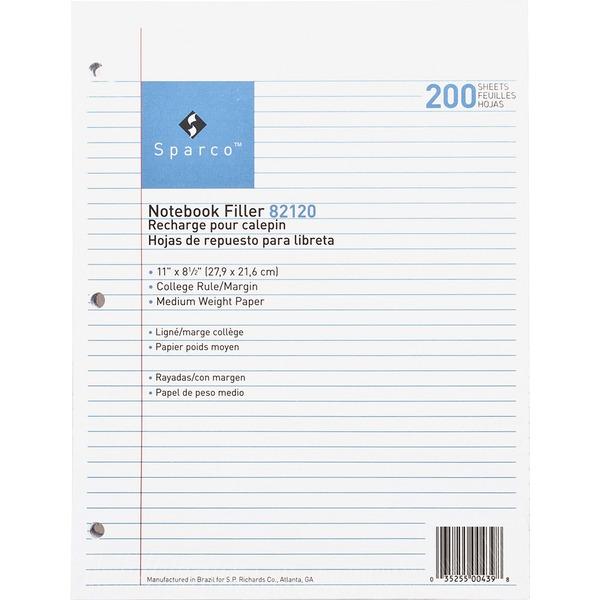 Sparco Notebook Filler Paper - Letter - 200 Sheets - Ruled Red Margin - 16 lb Basis Weight - 8 1/2