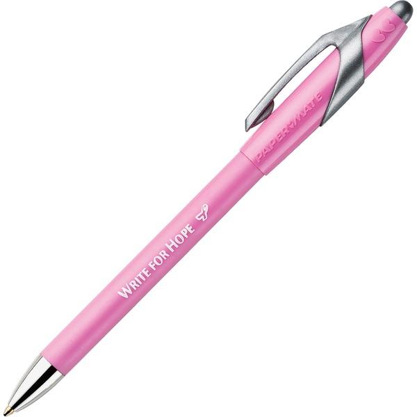 Paper Mate FlexGrip Pink Ribbon Retractable Pen - Medium Pen Point - Retractable - Black - Pink Rubber Barrel - 12 / Dozen
