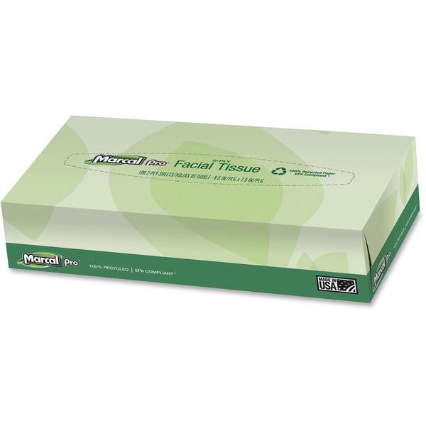 Marcal Pro 100% Recycled Facial Tissue - 2 Ply - White - Soft, Hypoallergenic - For Healthcare - 100 Quantity Per Box - 30 / Carton