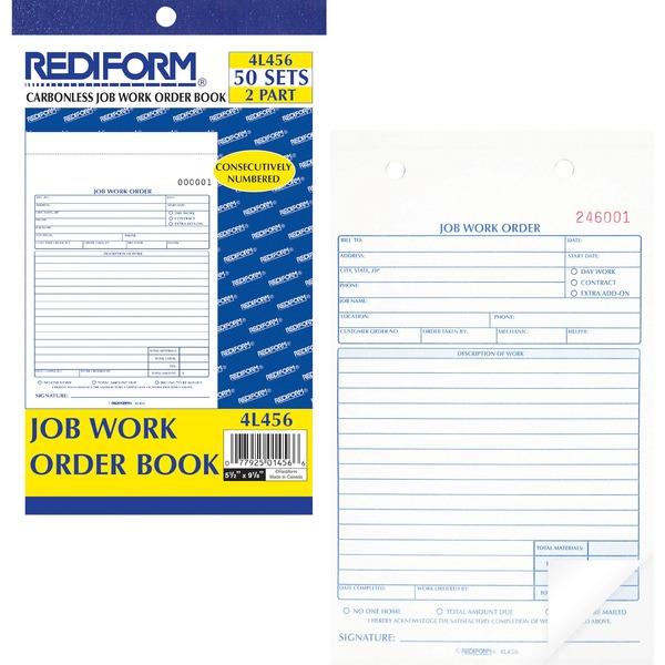 Rediform 2-part Job Work Order Book - 50 Sheet(s) - 2 PartCarbonless Copy - 5 1/2