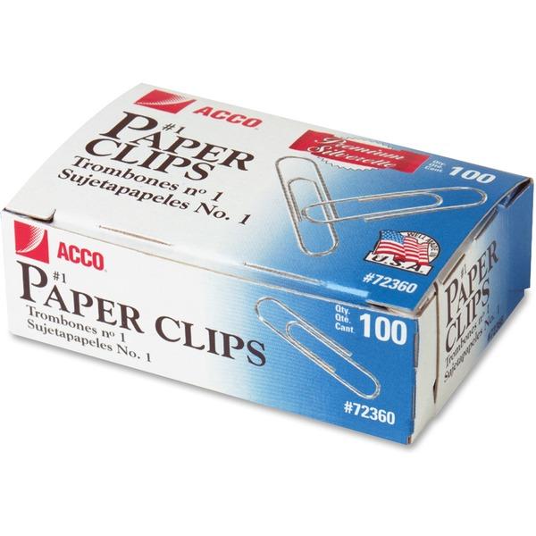 Acco Premium Paper Clips - No. 1 - 10 Sheet Capacity - Galvanized, Corrosion Resistant - 1000 / Pack - Silver - Metal, Zinc Plated