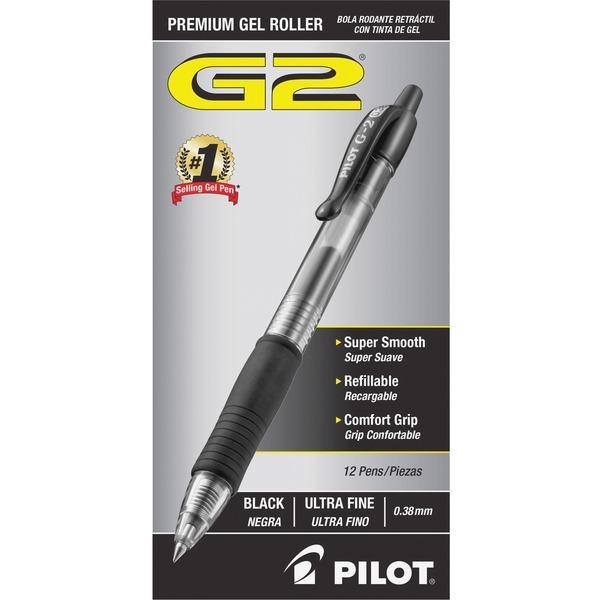  Pilot G2 Ultra Fine Retractable Pens - Ultra Fine Pen Point - 0.38 Mm Pen Point Size - Refillable - Retractable - Black Gel- Based Ink - Clear Barrel - 12/Dozen