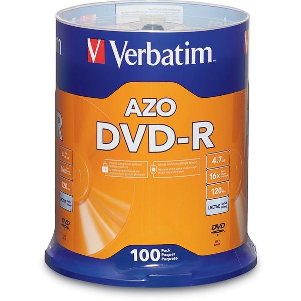 Verbatim AZO DVD-R 4.7GB 16X with Branded Surface - 100pk Spindle - DVD-R - 16x - 4.70 GB - 100pk Spindle