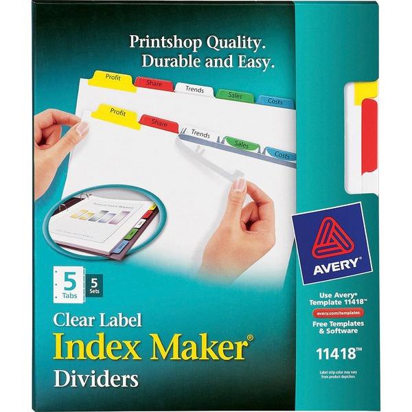 Avery® Index Maker Print & Apply Clear Label Dividers with Traditional Color Tabs - 5 x Divider(s) - 5 Blank Tab(s) - 5 Tab(s)/Set - 8.5