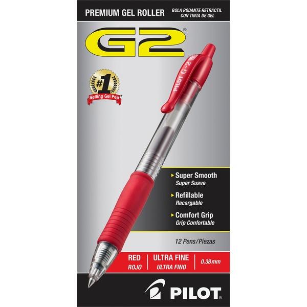 Pilot G2 Ultra Fine Retractable Pens - Ultra Fine Pen Point - 0.38 mm Pen Point Size - Refillable - Retractable - Red Gel-based Ink - Clear Barrel - 12 / Dozen