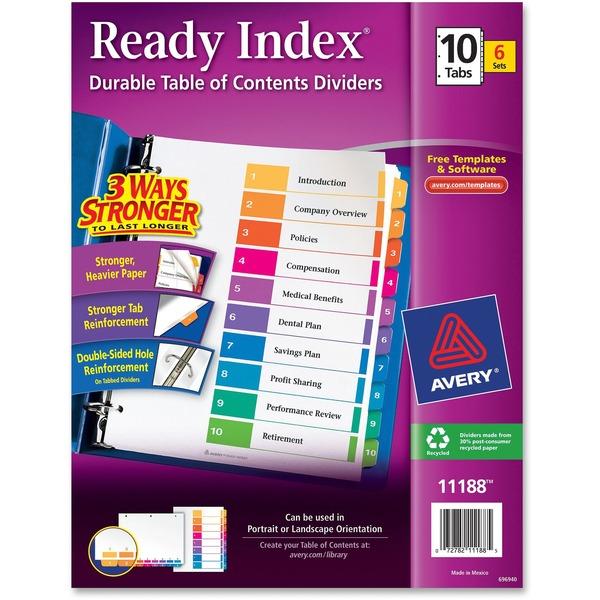 Avery® Ready Index Table of Contents Reference Divider - 10 x Divider(s) - 5 Printed Tab(s) - Digit - 1-10 - 10 Tab(s)/Set - 8.5