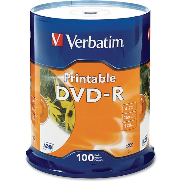 Verbatim DVD-R 4.7GB 16X White Inkjet Printable - 100pk Spindle - DVD-R 16X White Inkjet Printable - 4.70 GB - 100pk Spindle