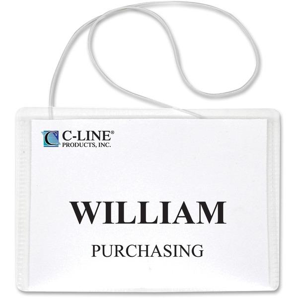 C-Line Hanging Style Name Badge Kit with White Elastic Cord - Sealed Holders with Inserts, 4 x 3, 50/BX, 96043