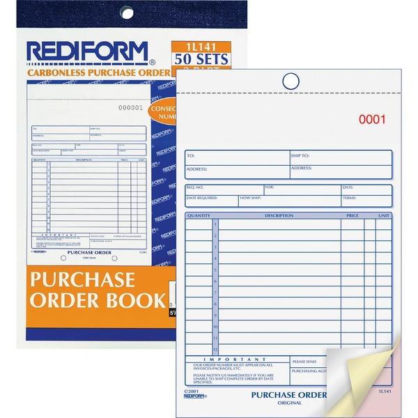 Rediform 3-Part Carbonless Purchase Order Book - 50 Sheet(s) - 3 PartCarbonless Copy - 5 1/2