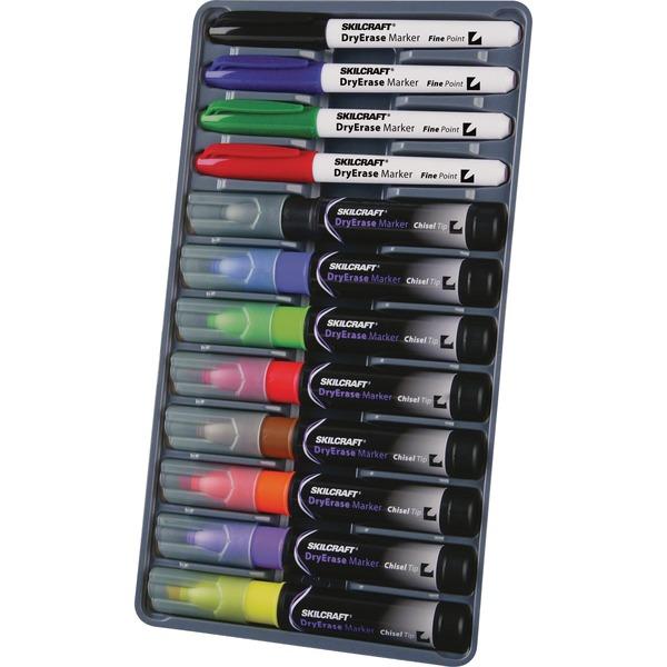 SKILCRAFT 12-Color Dry Erase Marker System - Fine Marker Point - Chisel Marker Point Style - Purple, Red, Blue, Green, Orange, Yellow, Brown, Black - 12 / Kit