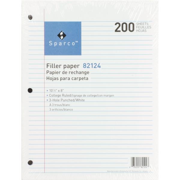 Sparco Standard White 3HP Filler Paper - 200 Sheets - College Ruled - Ruled Red Margin - 16 lb Basis Weight - 8