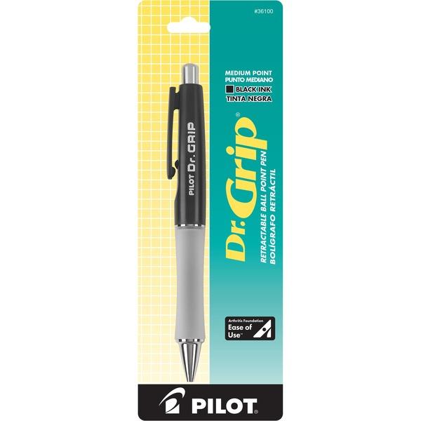 Pilot Dr. Grip Retractable Ballpoint Pens - Medium Pen Point - 1 mm Pen Point Size - Refillable - Retractable - Black - Black Barrel - 1 Each