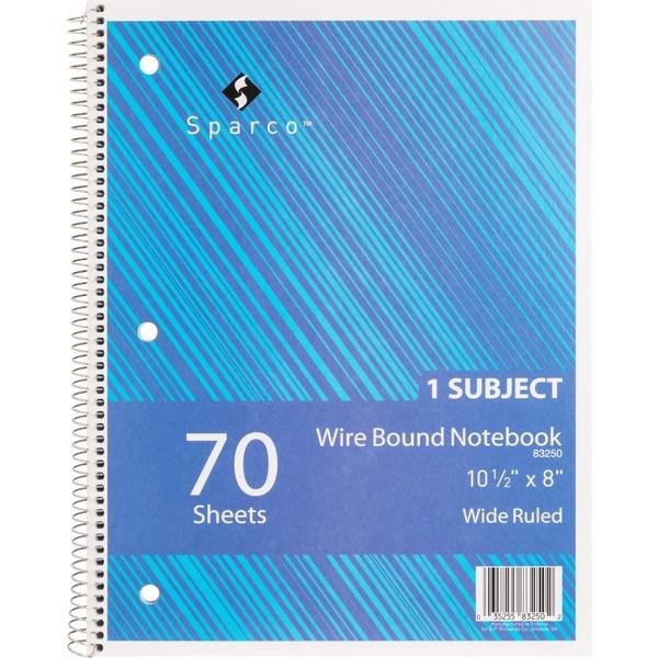 Sparco Quality Wirebound Wide Ruled Notebooks - 70 Sheets - Wire Bound - Wide Ruled - Unruled - 16 lb Basis Weight - 8