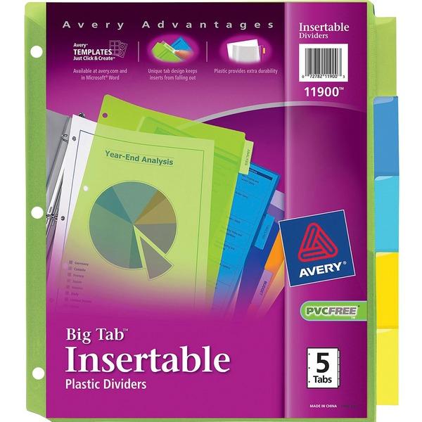 Avery® Big Tab Insertable Plastic Dividers, 5-Tab Set, Multicolor (11900) - 5 Print-on Tab(s) - 3 Hole Punched - Translucent Plastic Divider - Multicolor Tab(s) - 5 / Set