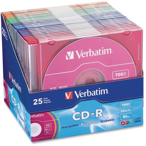  Verbatim Cd- R 700mb 52x With Color Branded Surface - 25pk Slim Case, Assorted