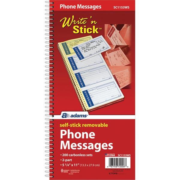 Adams Write 'n Stick Phone Message Book - 200 Sheet(s) - Spiral Bound - 2 PartCarbonless Copy - 5 1/4