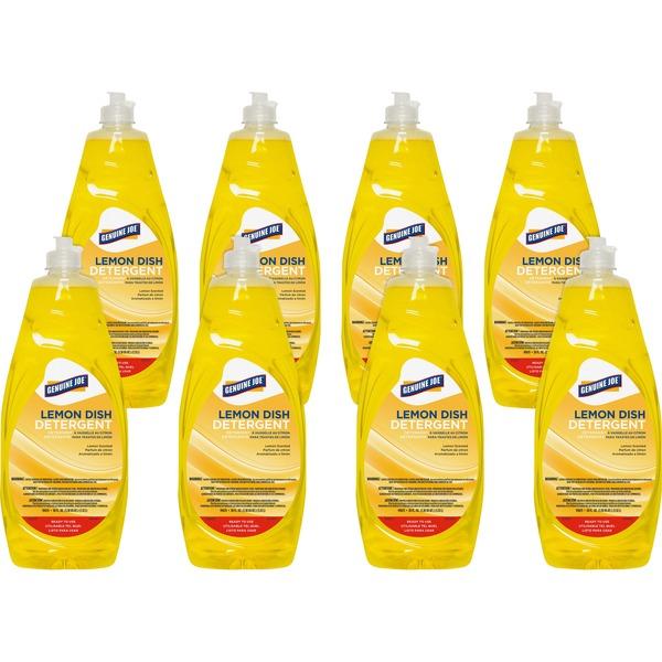 Genuine Joe Lemon Dish Detergent - Concentrate Liquid - 38 fl oz (1.2 quart) - Lemon Scent - 8 / Carton - Yellow