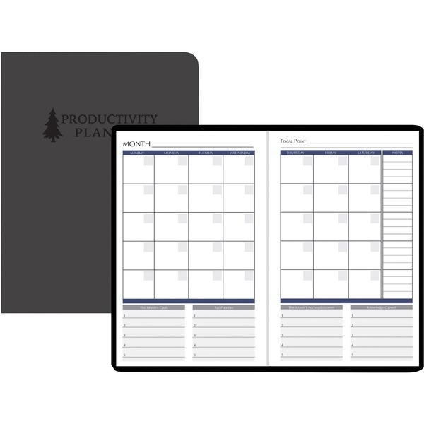 House of Doolittle Non-dated Productivity Planner - Monthly, Weekly - 1 Year - 1 Month, 1 Day, 1 Week Double Page Layout - Blue Sheet - Gray - Suede - Gray - 9.3